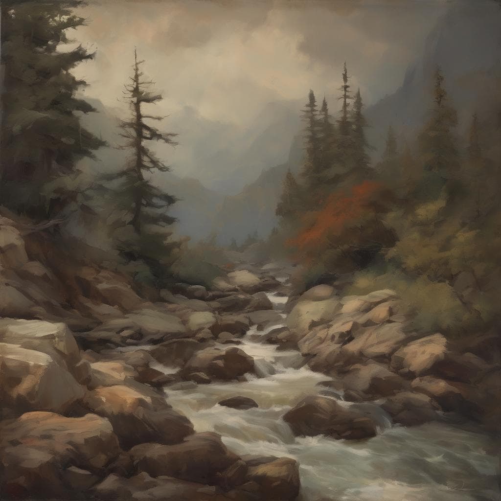 Λόφος με καταπράσινα δέντρα και ορμητικός ποταμός σε ορεινή περιοχή, ανανέωση τέχνης και σύγχρονοι καλλιτέχνες.