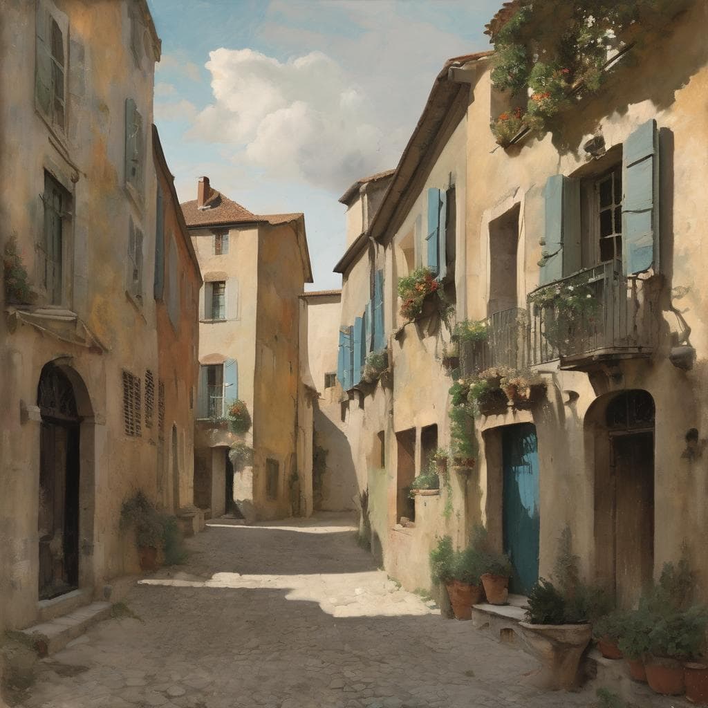 Παλιό γειτονιά με πολύχρωμα σπίτια και λουλούδια, όμορφη καλλιτεχνική ανανέωση στο έργο γνωστών καλλιτεχνών.