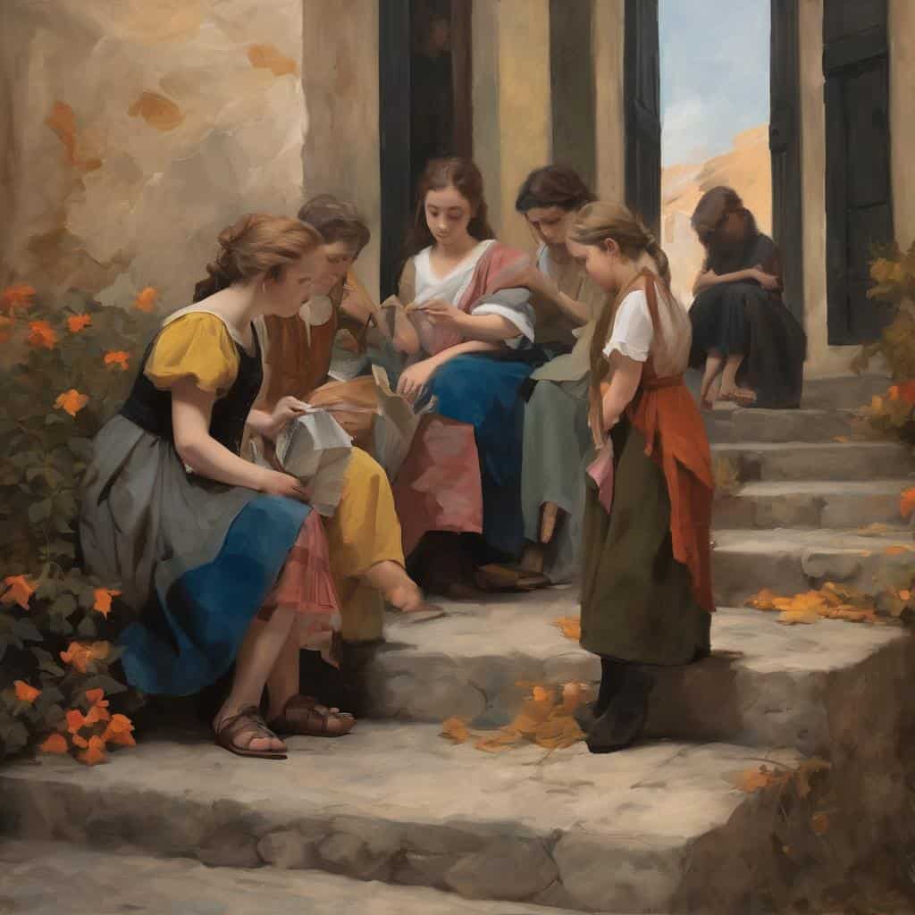 Παλαιότεροι νεαροί καλλιτέχνες και μαθητές γύρω από μια γυναίκα που διαβάζουν και ζωγραφίζουν έξω σε ρεαλιστικό ύφος.