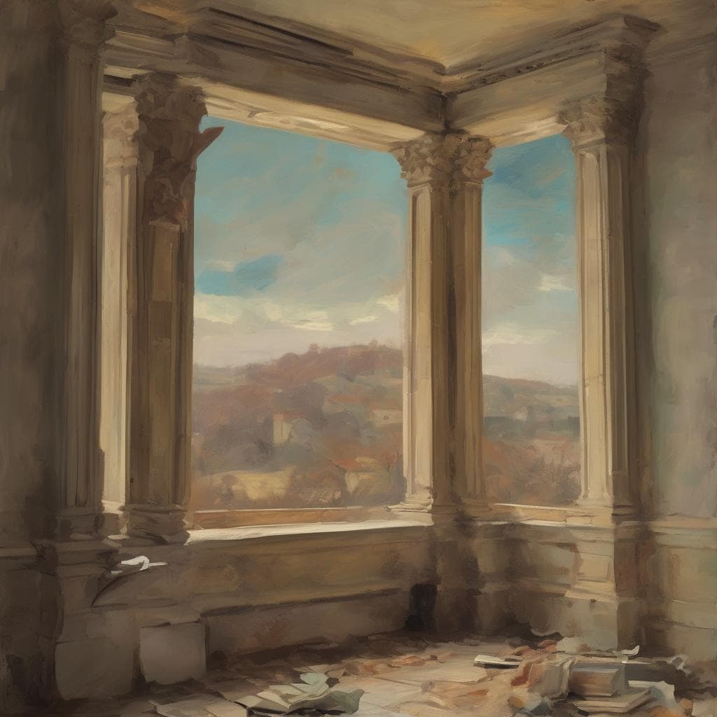 Αποκαλυπτική θέα από αρχαίο κτίριο με κολόνες και παράθυρα, ανανέωση τέχνης και αρχιτεκτονικής, σύγχρονοι καλλιτέχνες.