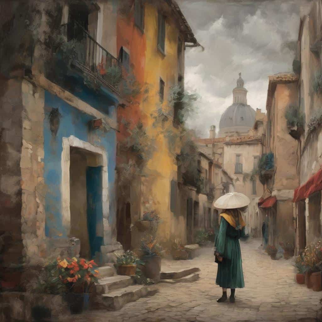 Χαρακτικό εικόνας με ζωγραφική από παλιά ευρωπαϊκή πόλη, γυναίκα με ομπρέλα, όμορφες οικίες, χαριτωμένο τοπίο, καλλιτέχνες που ανανέωσαν την τέχνη.